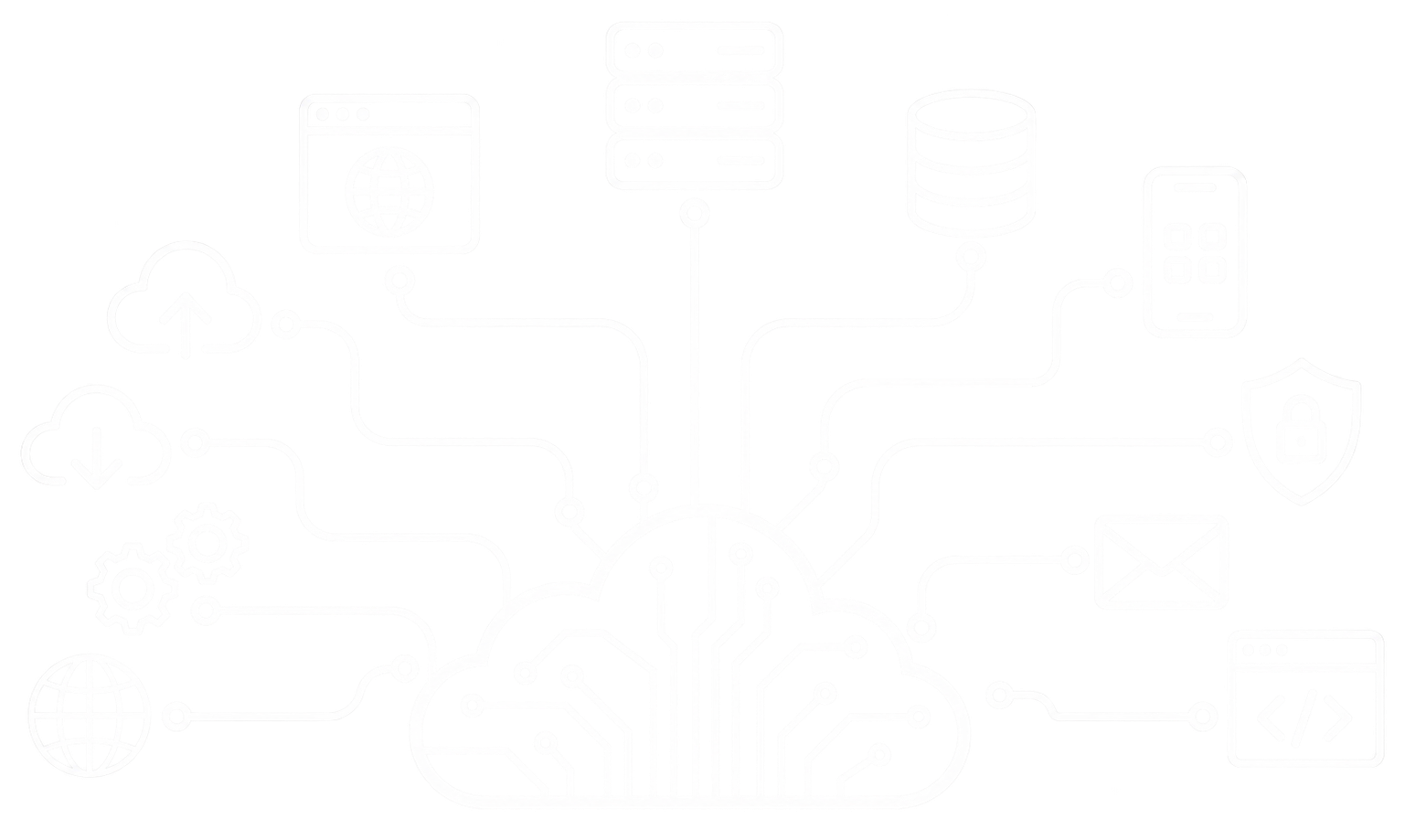 Ilustrace cloudového hostingu, serverů, databází a zabezpečení webu